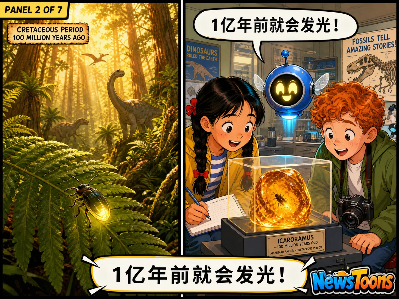 Panel 2: 恐龙时代的小灯泡